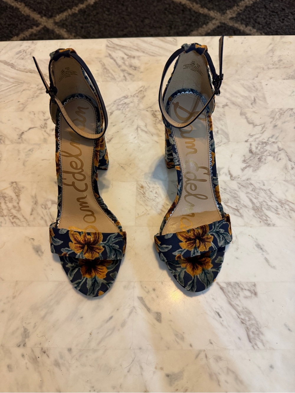 Sam Edelman Navy Floral Ankle-Strap Block Heels